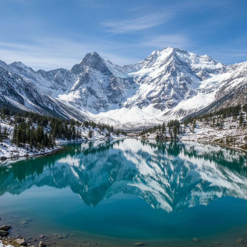 Cordillera alpina nevada con lago turquesa