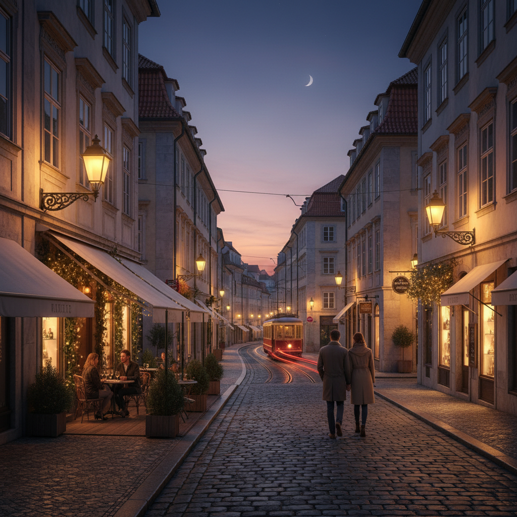 Calle histórica de ciudad europea al anochecer con luces cálidas